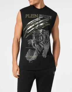 Online Cotton Dotted T-shirt Round Neck Sleeveless Lamina Tiger Herren T-shirt