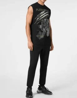 Online Cotton Dotted T-shirt Round Neck Sleeveless Lamina Tiger Herren T-shirt