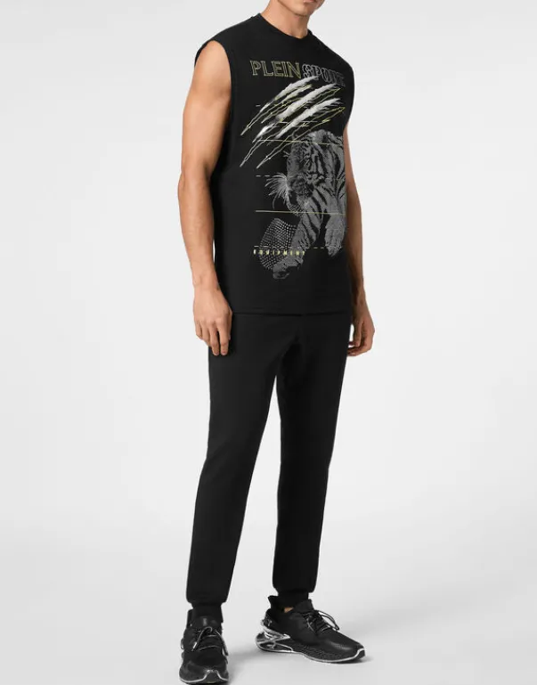Online Cotton Dotted T-shirt Round Neck Sleeveless Lamina Tiger Herren T-shirt