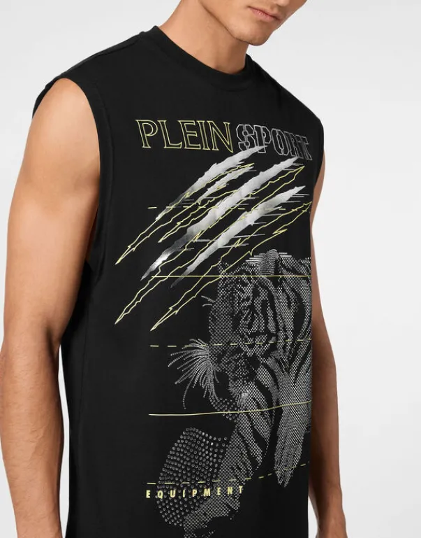 Online Cotton Dotted T-shirt Round Neck Sleeveless Lamina Tiger Herren T-shirt